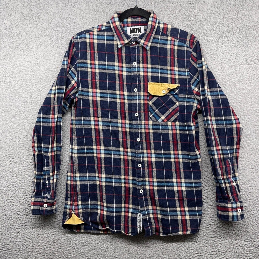 Won Men's Button Down Shirt Blue Plaid Flannel Long Sleeve Collar Pocket Size L